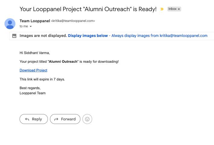 Email notification delivered when the export is ready, with the download link included
